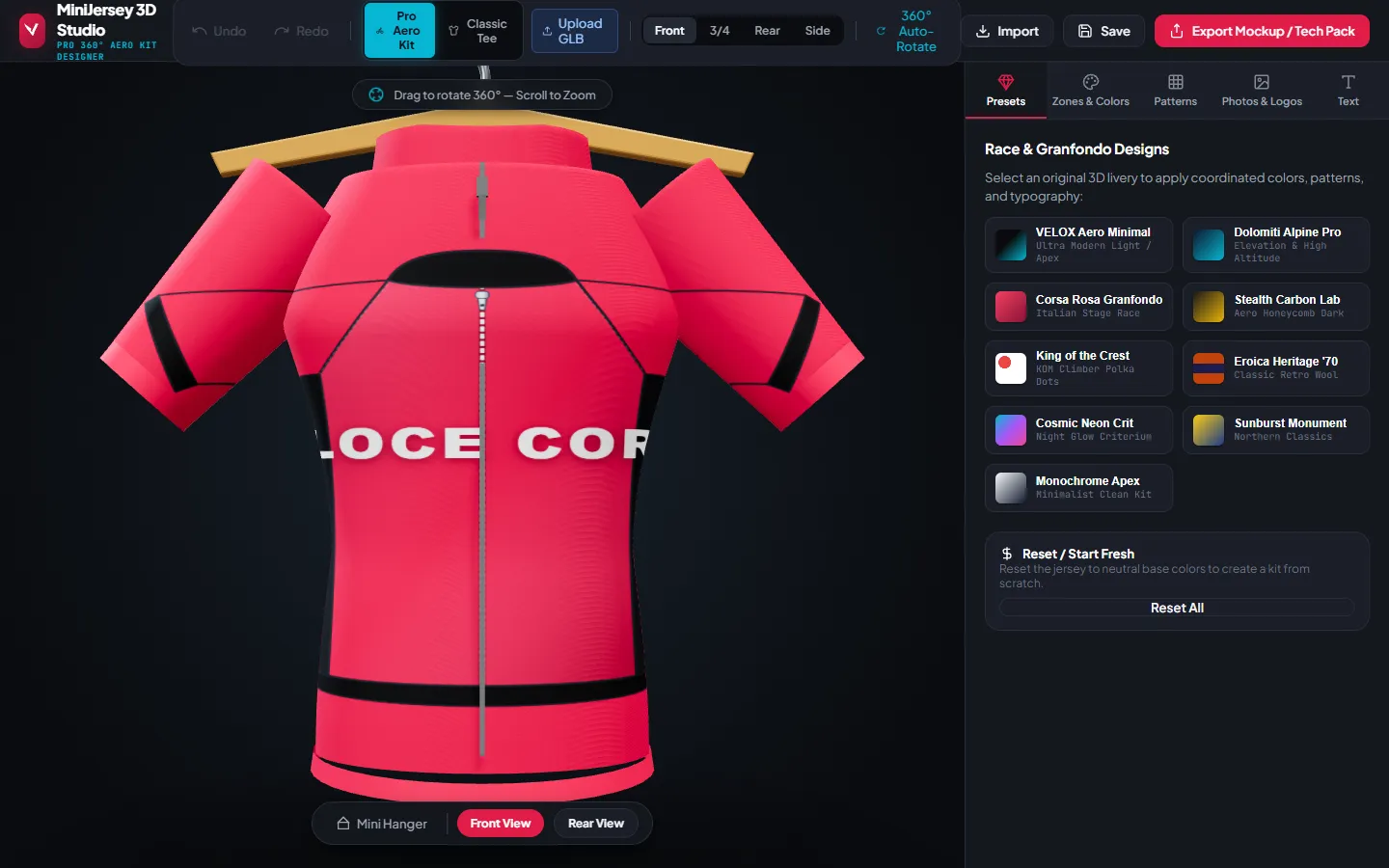 Screenshot of the live demo: a red cycling jersey rendered in 3D on a hanger, with the design presets panel on the right
