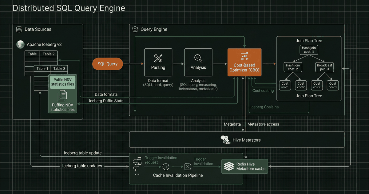 Technical schematic of Trino distributed SQL engine and Apache Iceberg Puffin NDV statistics retention pipeline
