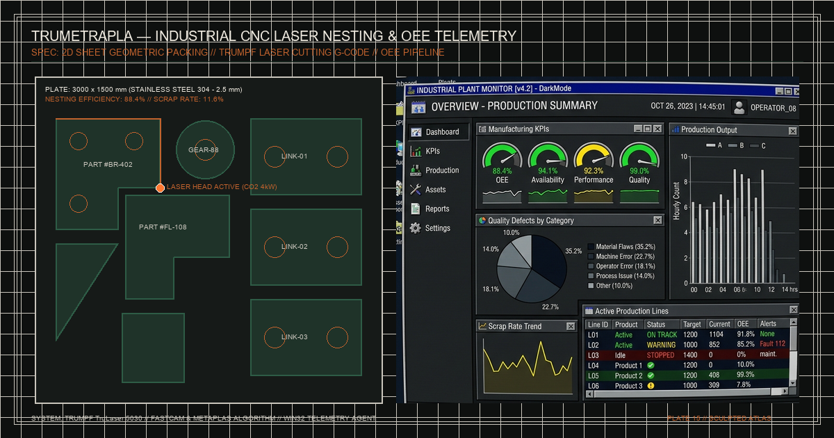 Industrial sheet metal manufacturing KPI dashboard architecture and nesting yield productivity telemetry pipeline for TruMetraPla