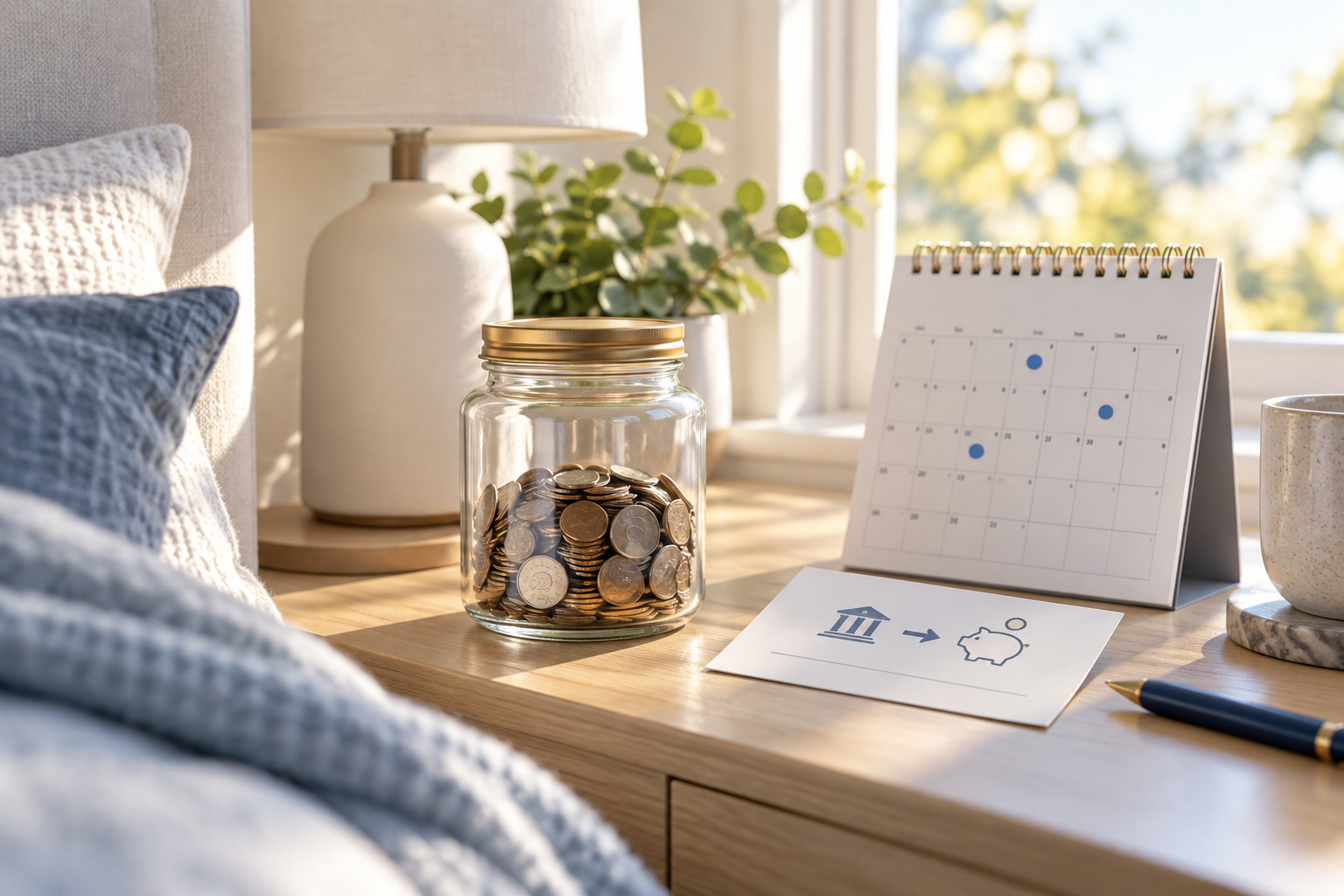 A savings jar beside a calendar in a bright home