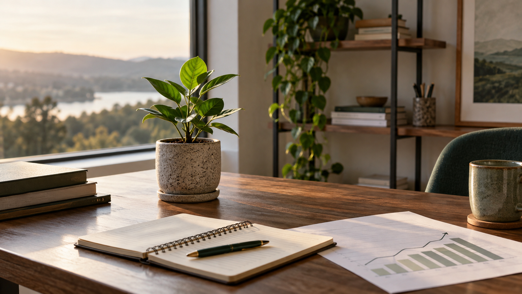 A small plant growing beside a notebook and an abstract chart