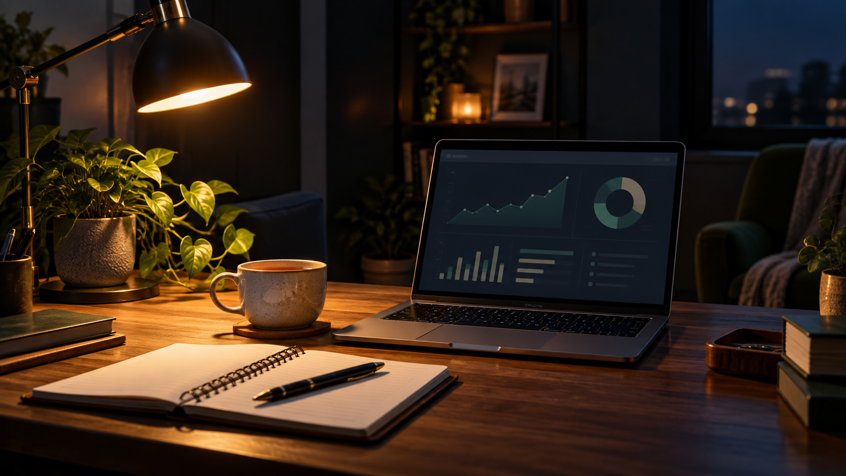 An evening desk with a laptop, notebook and warm lamp