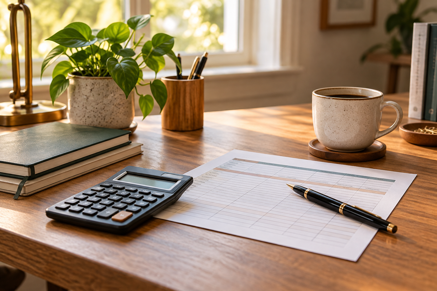 A calm desk with a budget notebook, calculator and coffee