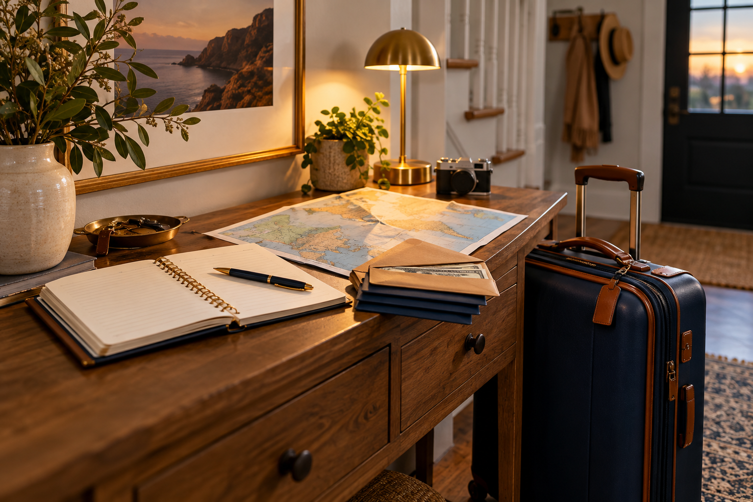 A travel planning desk with a notebook, suitcase and cash envelopes
